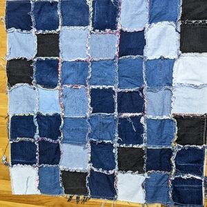 Frayed Denim Quilt made from recycled jeans, upcycled, patchwork, reversible